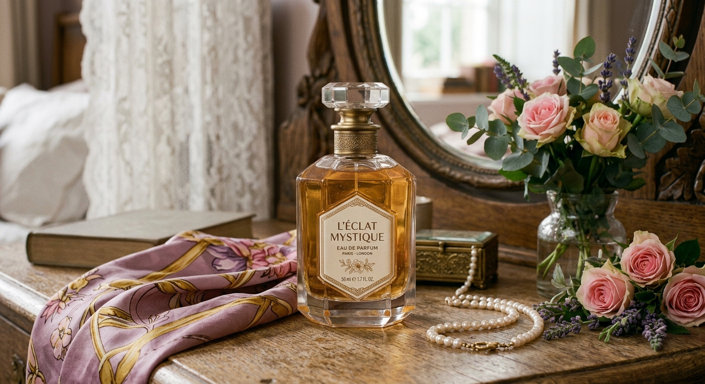 Detalle del frasco de L'Éclat Mystique con perlas y rosas sobre madera